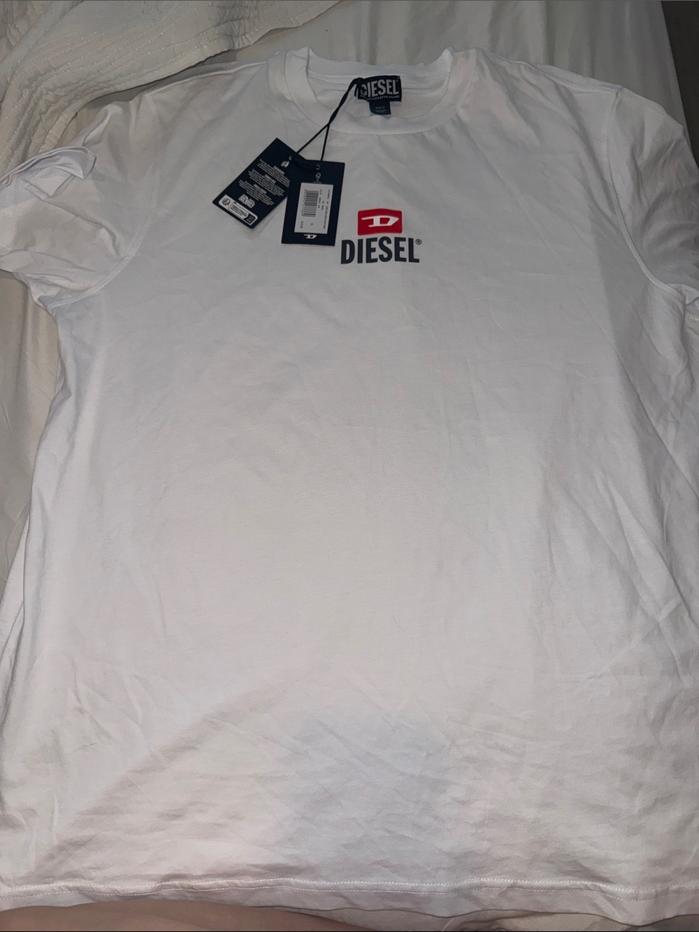 Diesel White Short-Sleeve Tee with Red and Black Logo